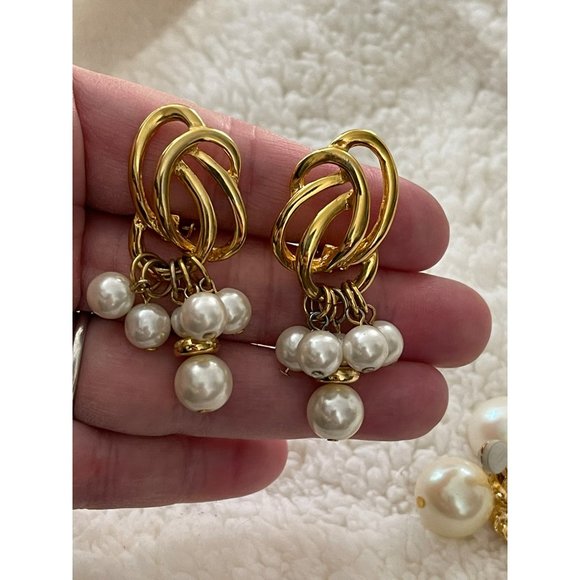 Vintage Gold Tone White Dangle Bead Clip-On Earrings - 2 Pairs - Picture 4 of 13